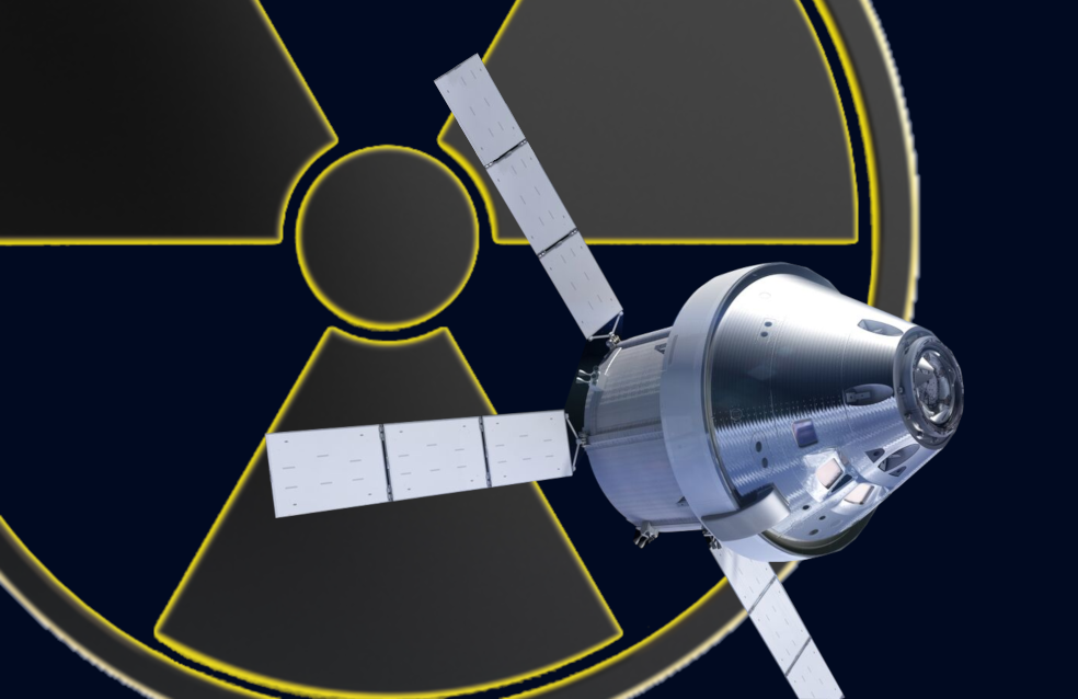 Image of a space capsule over the symbol for radiation