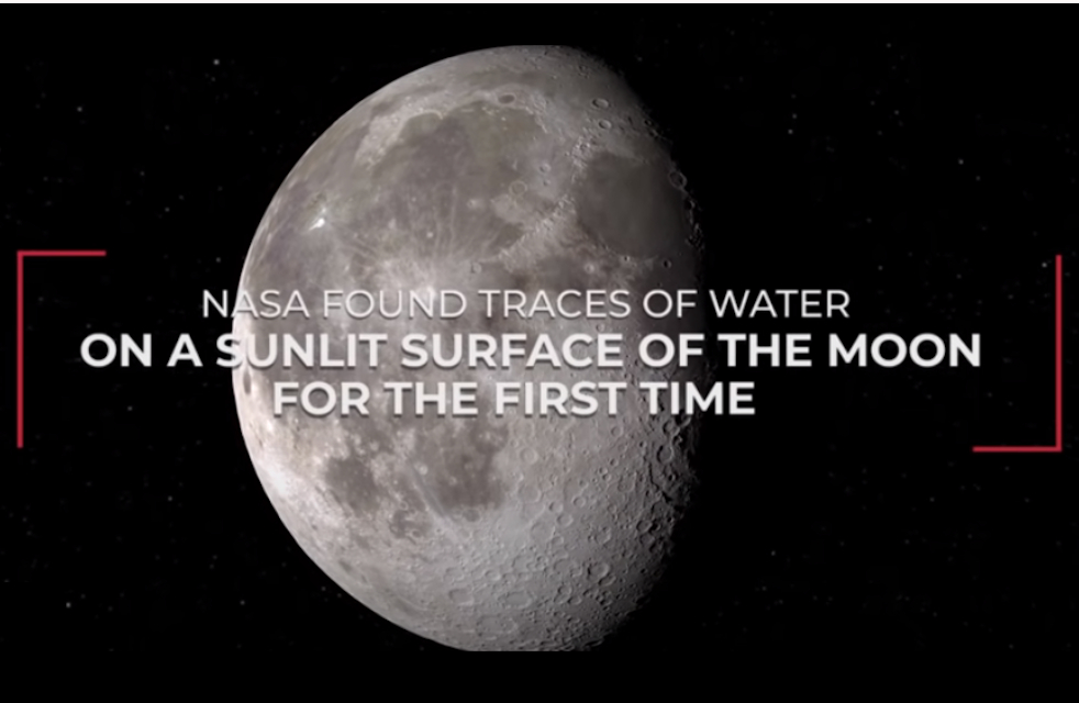 Picture of the Earth's Moon with text: NASA Found Traces of Water on a Sunlit Surface of the Moon for the First Time
